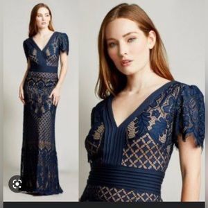 Floor length Tadashi Shoji navy and nude lace dress